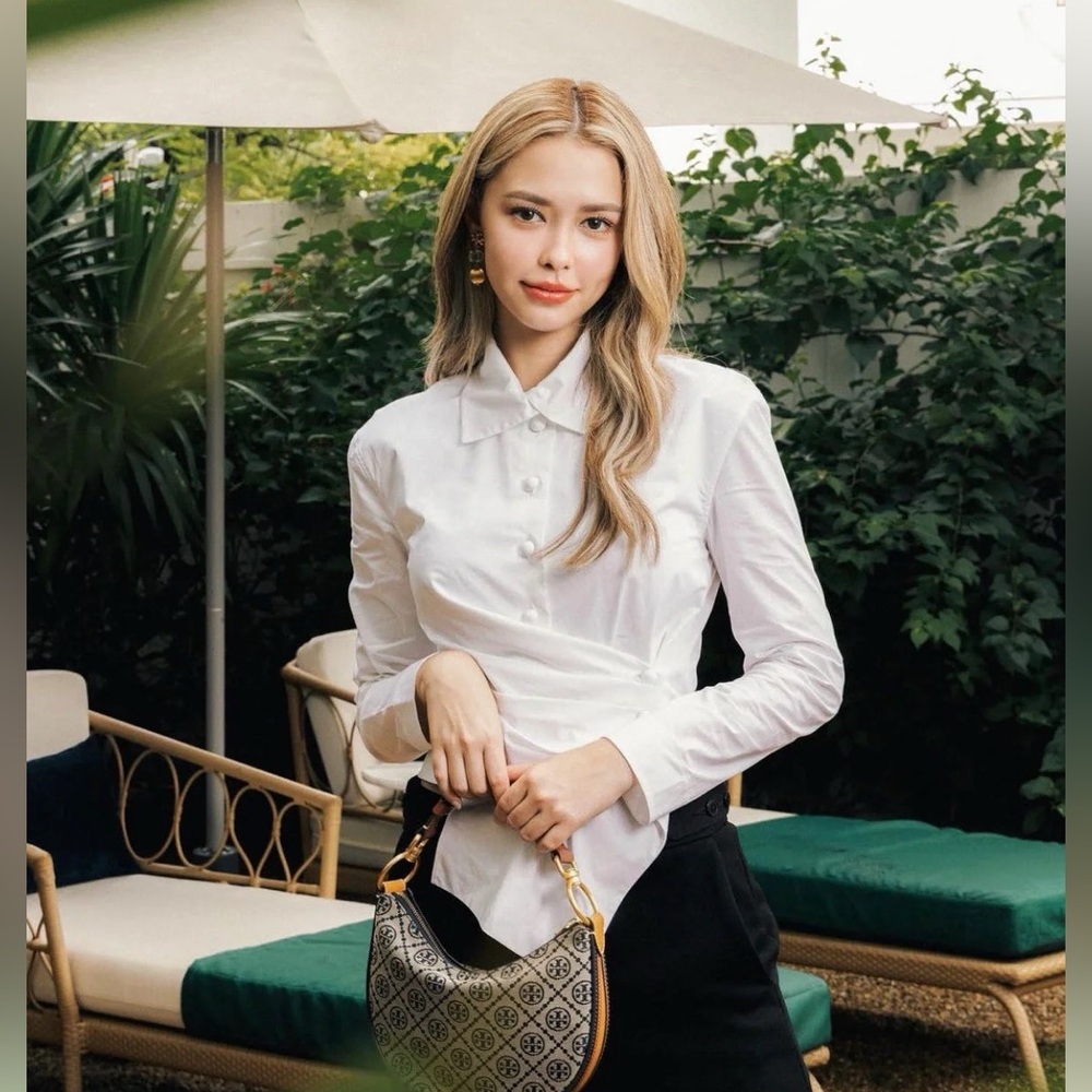 NWT $548 Tory Burch Asymmetric Poplin Wrap Shirt In White
